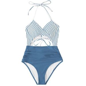 Cupshe White and Blue Stripe Cut Out Halter One Piece